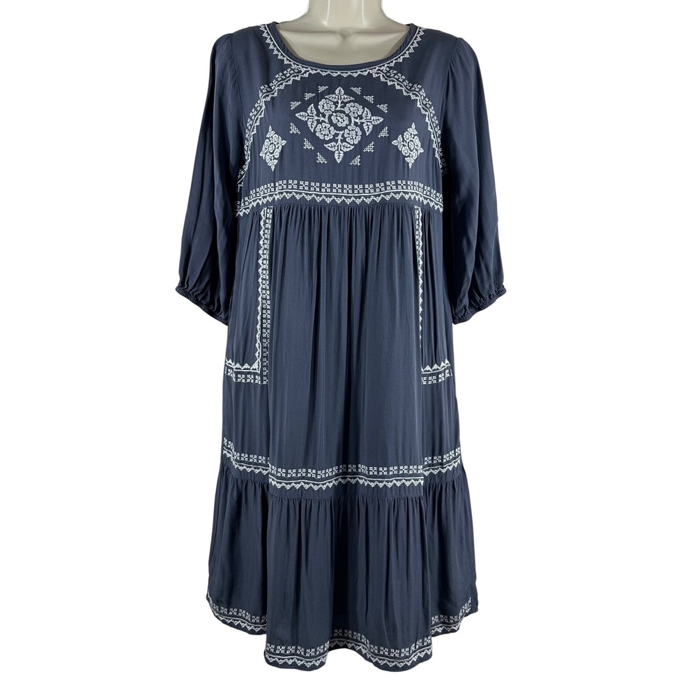 Polagram Womens Blue Embroidered Lyocell Tiered Pockets Boho‎ Midi Dress Small S